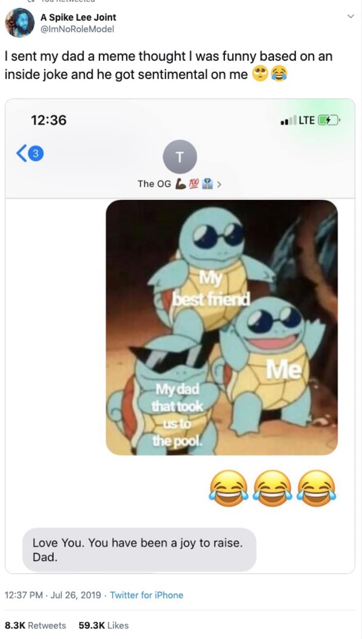 An iMessage conversation screenshot in a wholesome classic memes gallery, showing a son sending a Squirtle Squad dad meme only for his father to respond with a heartwarming message.