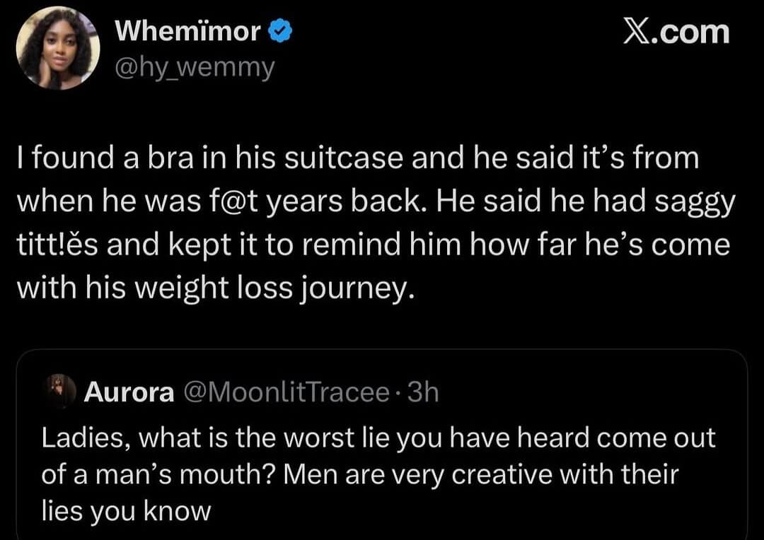 A social media text thread screenshot running as a classic memes macro, detailing a woman uncovering a hidden bra in a suitcase only for her boyfriend to claim it was an inspiring keepsake from his past weight loss journey.