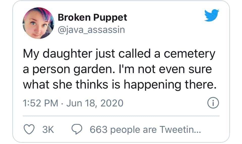A dark-comedy parent tweet captured as a classic meme by user @java_assassin, recounting how her young daughter bluntly re-labeled a cemetery as a "person garden," leaving her pondering the child's bizarre botanical assumptions.