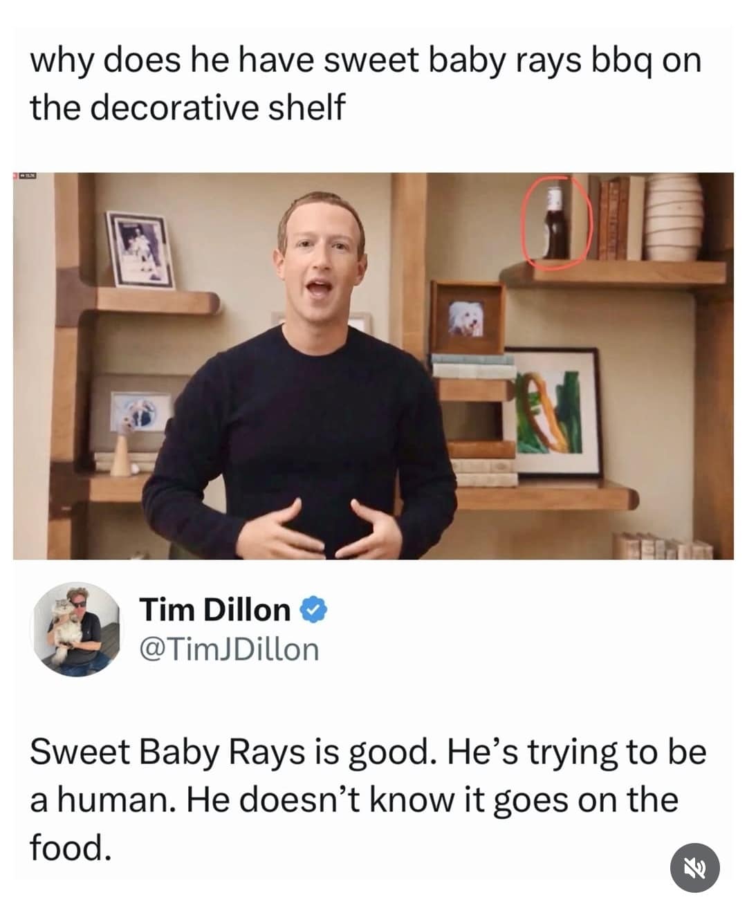 A famous screenshot from a video presentation forms an elite internet classic meme tracking Mark Zuckerberg with a bottle of Sweet Baby Ray’s BBQ sauce casually displayed on a decorative shelf, paired with a roasting tweet by comedian Tim Dillon.