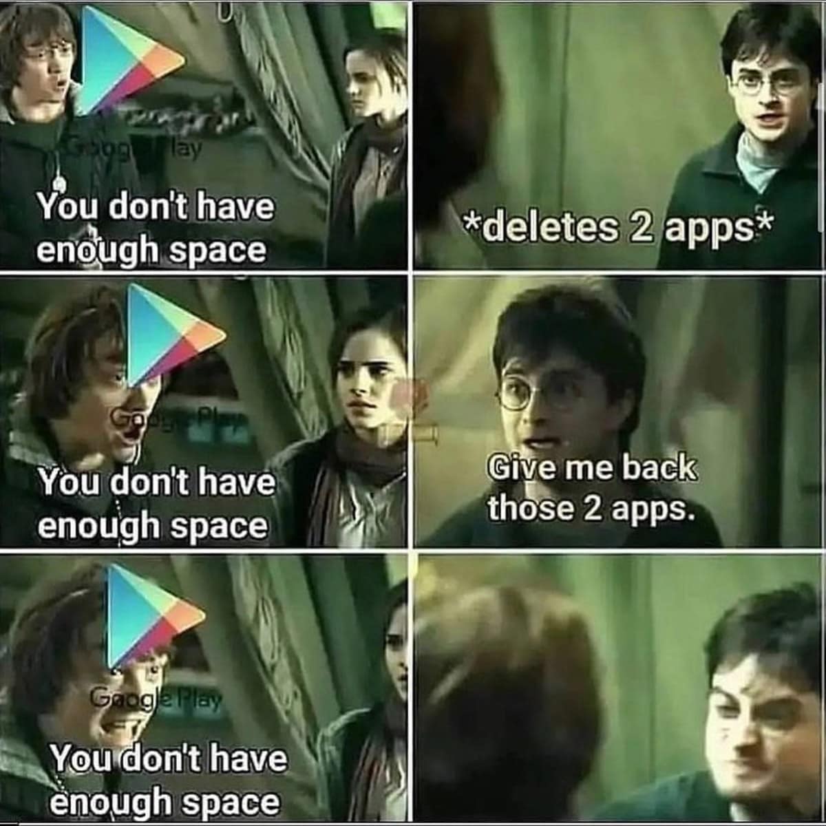 A six-panel Harry Potter image grid acting as a relatable classic meme tracks the frustration of Android phone storage limits, where deleting applications to clear space still triggers an automatic "not enough space" warning from Google Play.