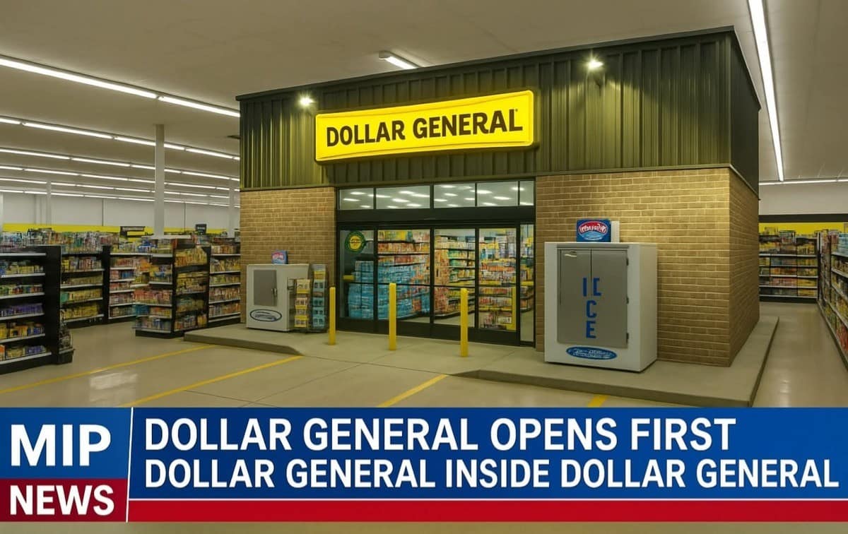 A surreal retail parody image functioning as a hilarious classic meme showcases a digital mockup of a fully branded Dollar General store built directly inside the center aisle of a larger Dollar General building, underscored by a fictional lower-third news graphic reading, "DOLLAR GENERAL OPENS FIRST DOLLAR GENERAL INSIDE DOLLAR GENERAL."