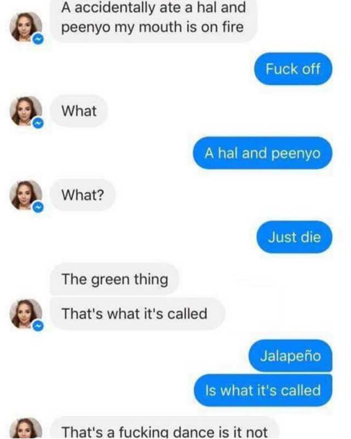 A viral phone text message conversation screenshot in a classic meme showcasing a chaotic spelling argument over the word "jalapeño" misheard as a type of dance.
