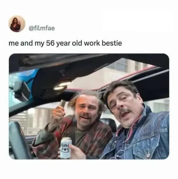A funny generational classic meme depicting Benicio del Toro and Johnny Depp wildly driving a convertible in a still from Fear and Loathing in Las Vegas, representing an employee and their middle-aged work bestie.