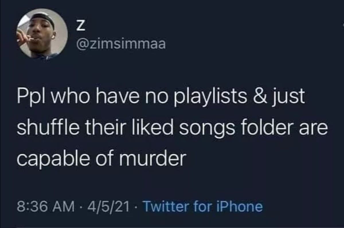 A classic memes text tweet screenshot from user z asserting that people who refuse to build custom music playlists and instead blindly shuffle their entire, massive "liked songs" folder are entirely capable of murder.