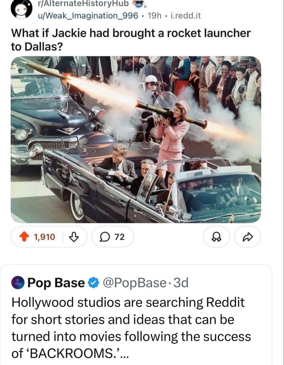 This brilliantly curated classic meme stacks two completely unrelated social media screenshots to form a hilarious narrative about modern cinema. The top image shows an alternate history Reddit thread asking "What if Jackie had brought a rocket launcher to Dallas?" alongside a photoshopped historical image of Jackie Kennedy firing an RPG, placed directly above a Pop Base update noting that Hollywood studios are desperately mining Reddit for script ideas.