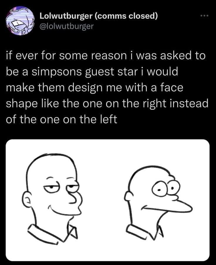 A digital character illustration shared as a classic memes asset, comparing two different bald, side-profile face shapes to debate the superior design style for a guest star on The Simpsons.