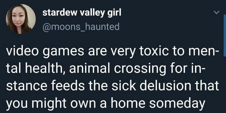 An economic real estate text joke popular among classic memes screenshots a tweet by stardew valley girl noting that video games like Animal Crossing are toxic because they feed a sick, unrealistic delusion that millennials might actually own a home someday.