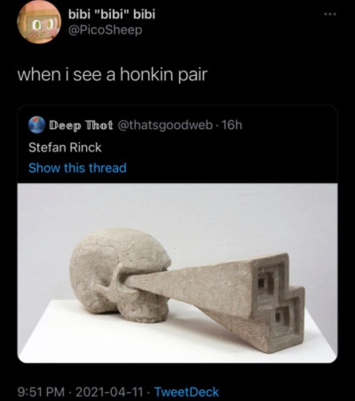 sharp pop-culture commentary layout found in any standard classic meme collection displays a quote tweet from user bibi "bibi" bibi that reads "when i see a honkin pair," referencing a photo of a stylized stone skull sculpture by artist Stefan Rinck that features long, blocky rectangular eyes extending outward.
