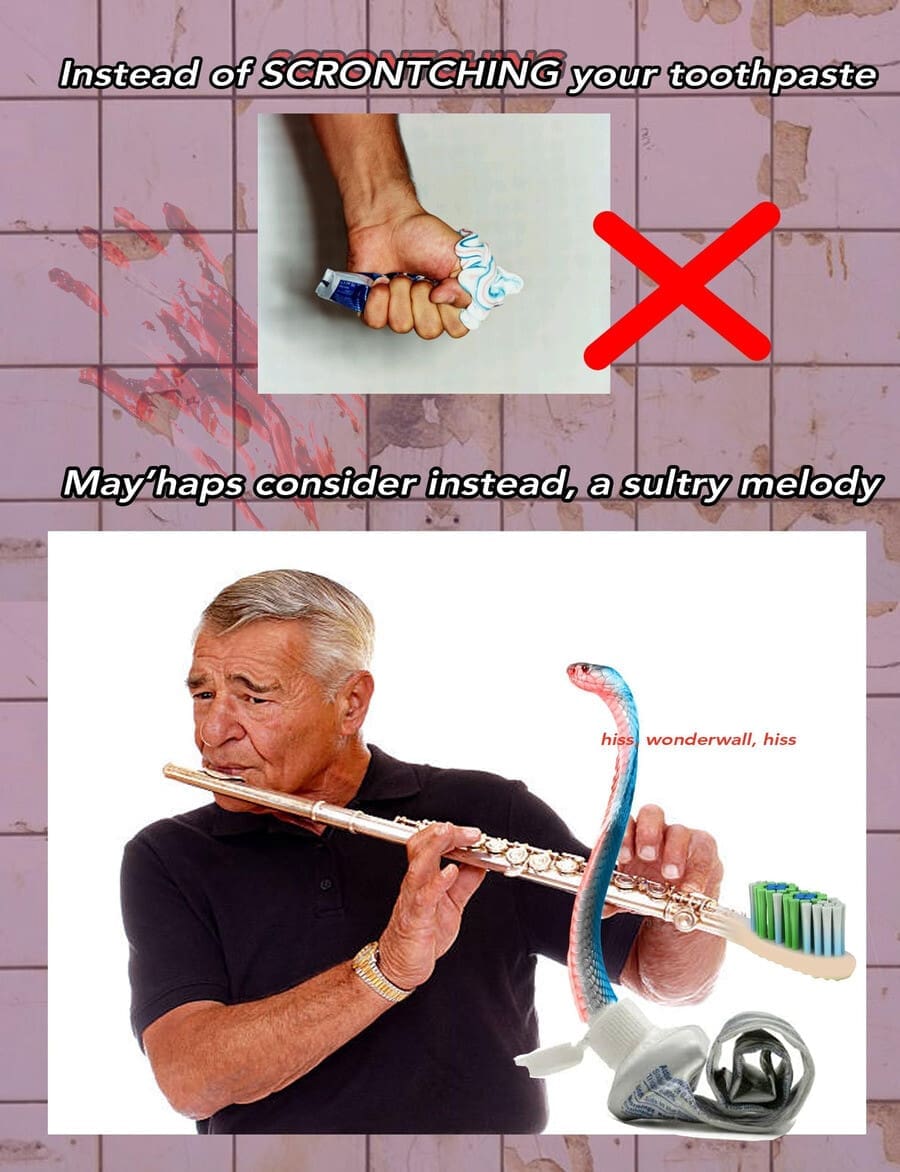 A classic memes absurdist guide instructing users to stop fist-squeezing or "scrontching" their toothpaste tube, suggesting instead that they charm the paste out like a cobra by playing a sultry melody on a silver flute to the tune of Wonderwall.
