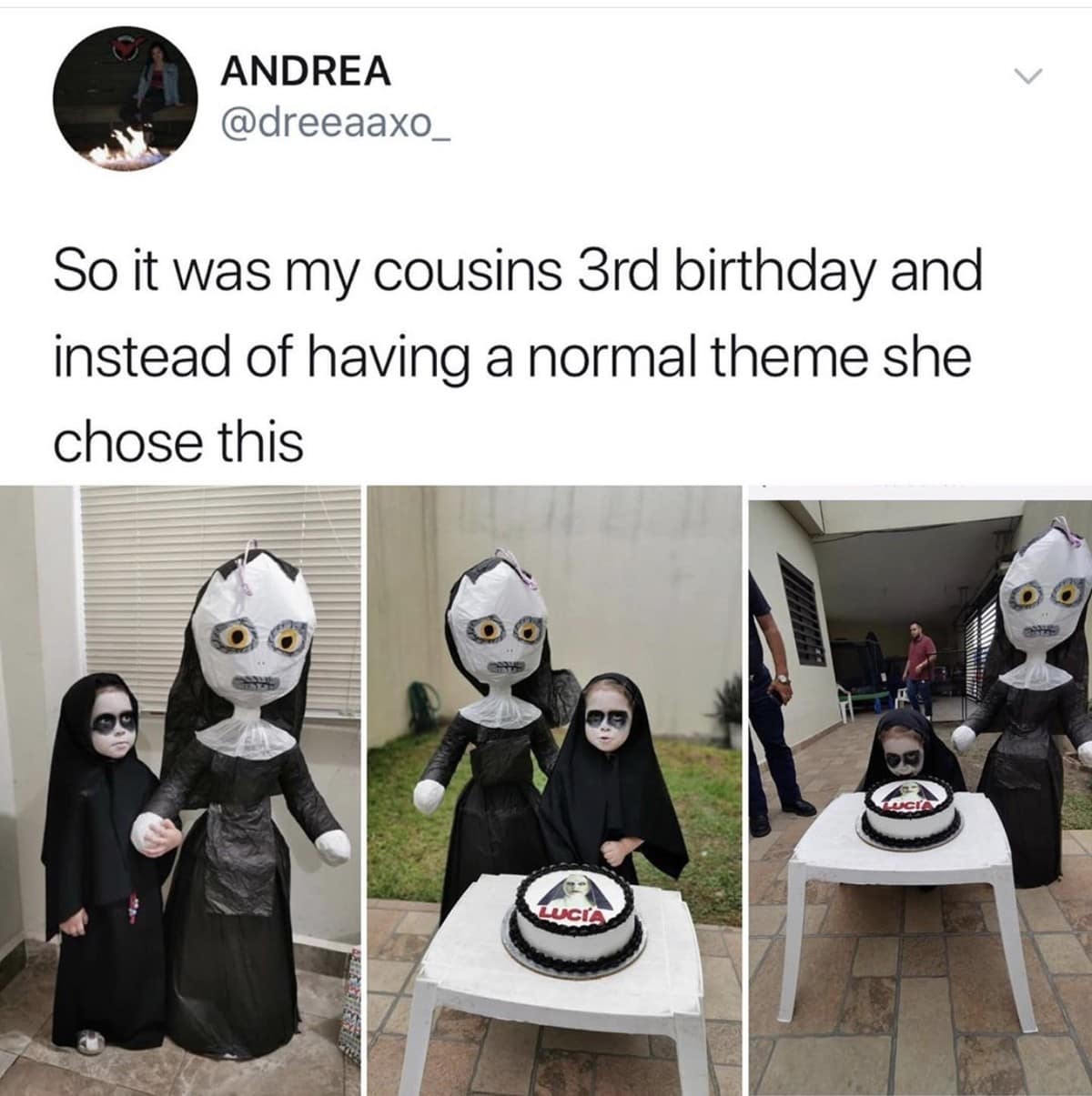 A brilliant family-photo layout circulating as a classic meme documents a little girl's 3rd birthday party where, instead of a traditional cartoon character theme, she chose to dress in full demonic robes next to a terrifying life-sized piñata of the nun from The Conjuring universe.
