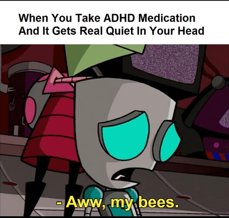 A classic meme animation format using Gir from Invader Zim looking completely dazed, captioned "When You Take ADHD Medication And It Gets Real Quiet In Your Head" with the character subtitle: "- Aww, my bees."