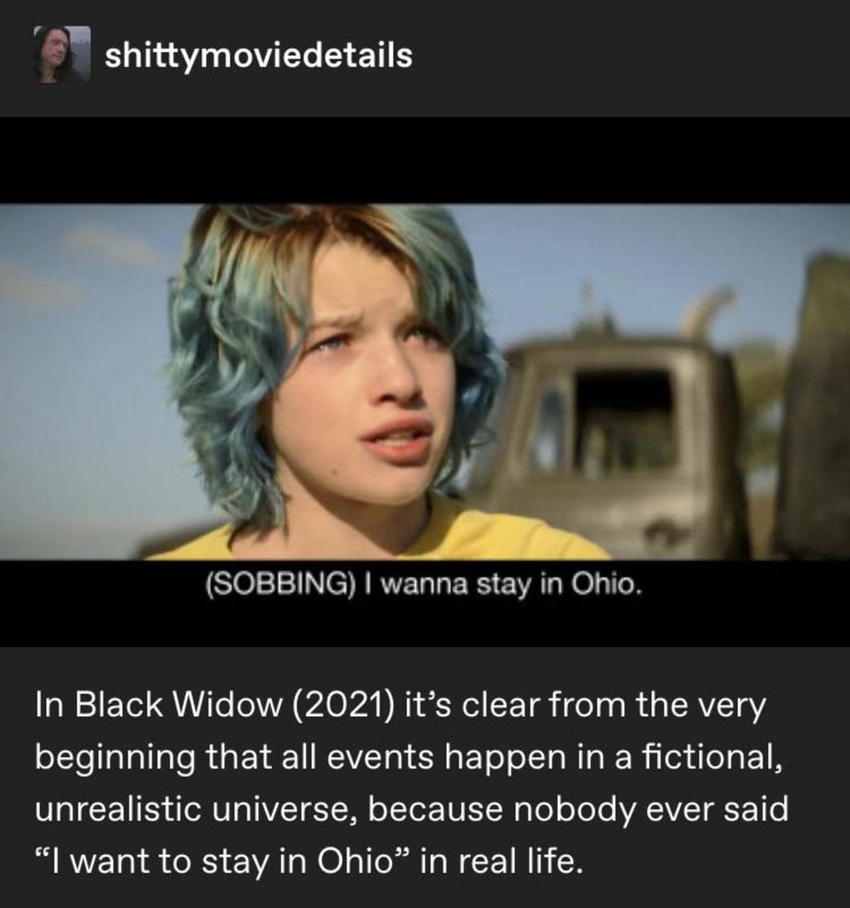 A movie review satire graphic from the community shittymoviedetails acting as a classic meme that uses a scene from Black Widow (2021) to poke fun at the state of Ohio.