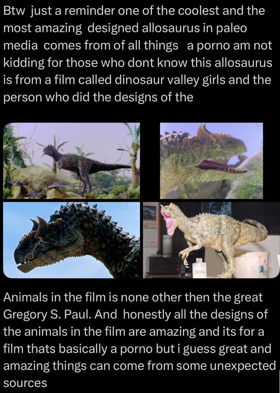 A multi-photo media layout in a funny meme showcasing master-class paleoart dinosaur models designed by Gregory S. Paul for a surprising low-budget cult movie.