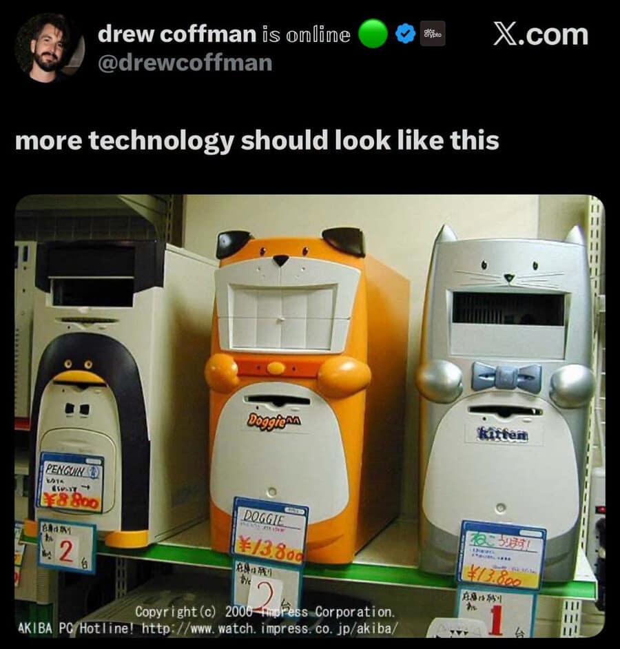 A retro-tech gallery post inside classic memes displaying a quote tweet by user Drew Coffman stating "more technology should look like this," showcasing a vintage store shelf lined with customized Japanese computer tower cases shaped like a penguin, an orange dog, and a silver cat with a bowtie from a 2000 Akiba PC Hotline catalog print.