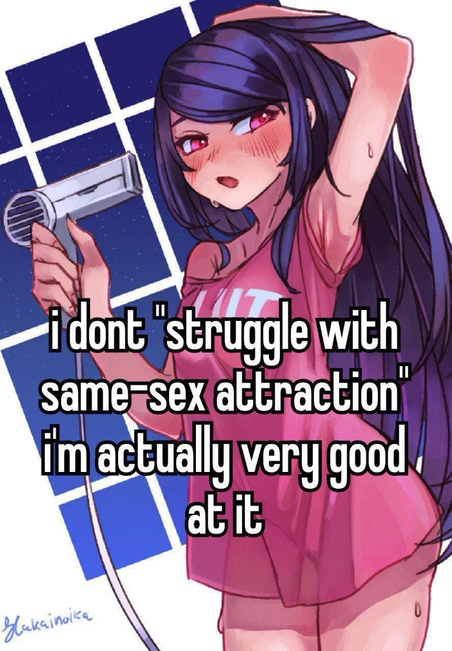 An anime art macro operating as a popular classic meme displays a character holding a hair dryer as a microphone alongside witty text subverting the phrase "struggling with same-sex attraction."