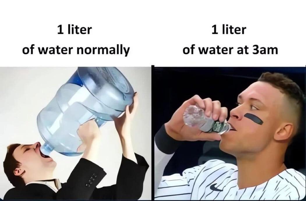 A two-panel comparison classic meme layout contrasting a person desperately trying to down water from a giant 5-gallon office cooler jug ("1 liter of water normally") with massive baseball player Aaron Judge drinking from a standard plastic bottle that looks microscopic in his massive hand ("1 liter of water at 3am").