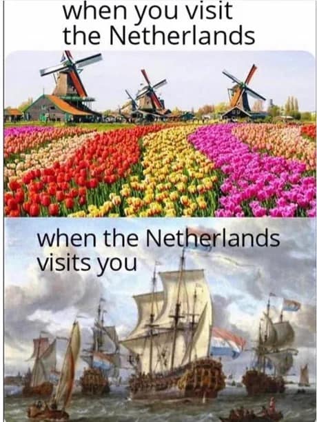 A historical classic meme contrasting a peaceful tourist's view of the Netherlands, featuring colorful tulips and windmills, with a bottom panel showing a massive, intimidating fleet of 17th-century Dutch galleon warships labeled "when the Netherlands visits you."