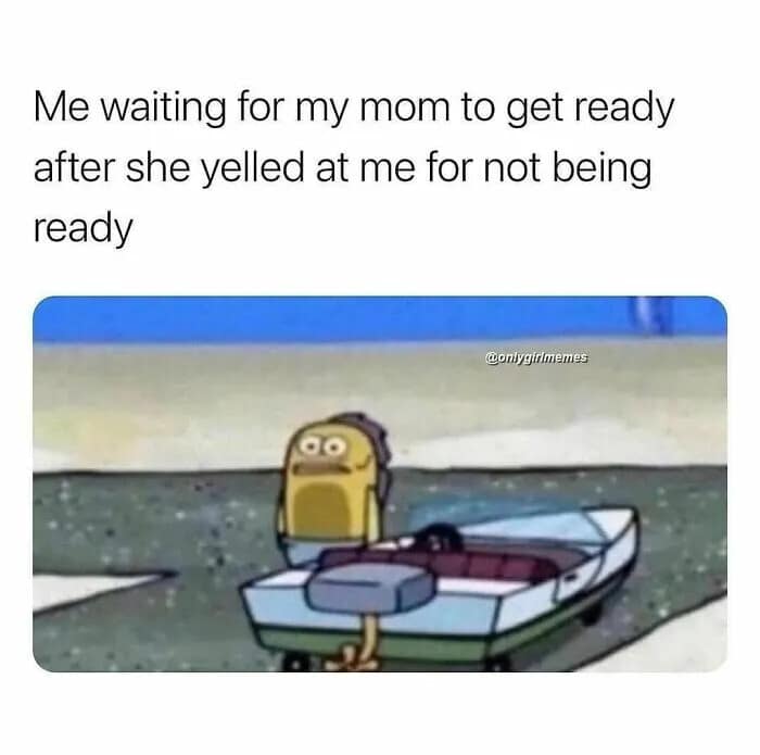 A SpongeBob SquarePants background fish character standing deadpan next to a boat trailer, depicting parental waiting frustration in a classic meme.