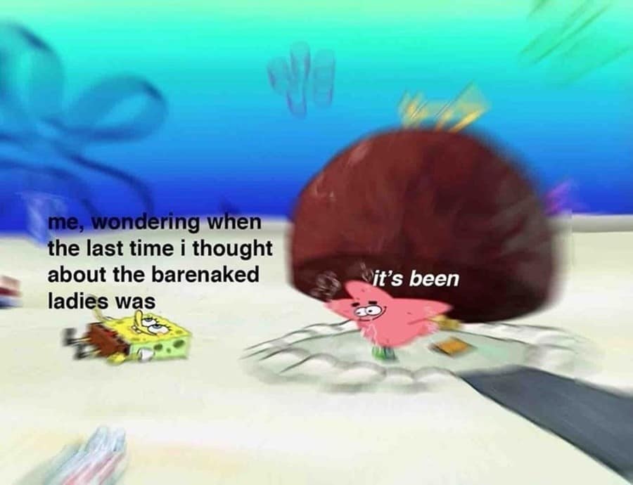 A fast-moving, motion-blurred cartoon capture in a meme dump featuring SpongeBob and Patrick Star screaming the lyrics "it's been" to trigger an immediate, involuntary mental music loop of the Barenaked Ladies' hit song.