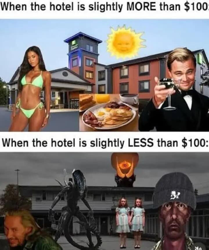 A hilarious two-panel comparison classic meme contrasts the premium vibes of a slightly over-$100 hotel stay against a sub-$100 motel nightmare packed with pop culture horror icons like the Eye of Sauron and the Alien Xenomorph.