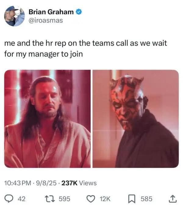 Twitter screenshot comparing an awkward corporate Teams call wait to Qui-Gon Jinn and Darth Maul separated by a laser forcefield wall in a legendary classic meme.