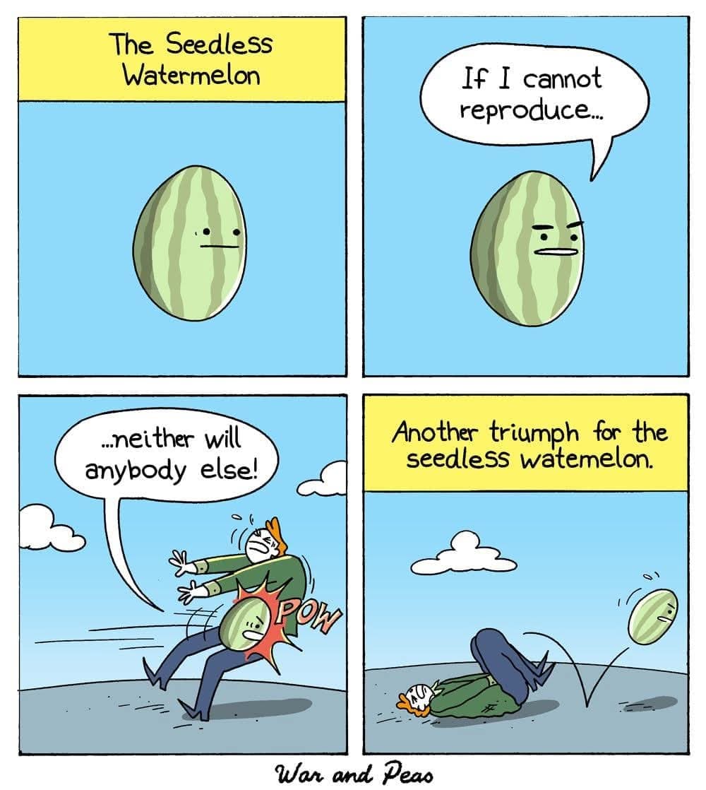 A classic memes four-panel comic titled "The Seedless Watermelon" by War and Peas, where an infertile watermelon deadpans, "If I cannot reproduce... neither will anybody else!" before launching itself directly into a passing man's groin.