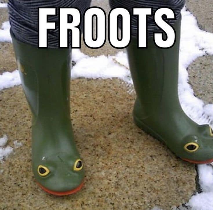 An excellent linguistic pun operating as a classic meme presents a close-up photo of a person standing on slushy pavement wearing green rubber rain boots modeled to look like cartoon frog heads with bulbous yellow eyes, labeled with the text "FROOTS."