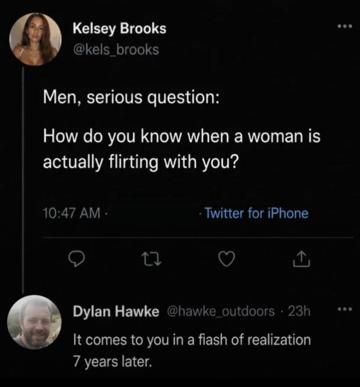 A viral relationship screenshot circulating as a classic meme features a text query from Kelsey Brooks asking how men actually know when a woman is flirting, followed by a painfully accurate response from Dylan Hawke noting it hits you in a random flash of realization seven years later.