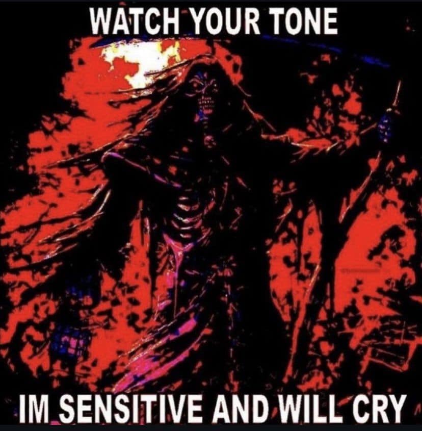 A high-contrast, deep-fried red and black graphic of a menacing skeletal grim reaper figure holding a scythe, completely subverted by the text "WATCH YOUR TONE IM SENSITIVE AND WILL CRY" in a chaotic classic meme.