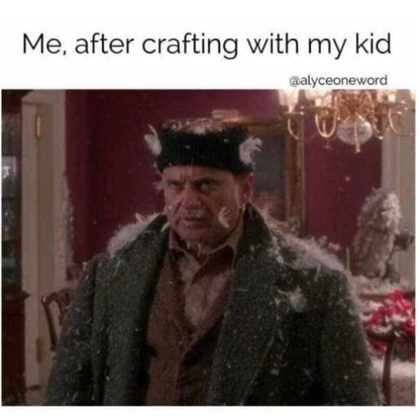 A film still of Joe Pesci as Harry from Home Alone covered entirely in sticky glue and bird feathers acts as a relatable parenting classic meme titled, "Me, after crafting with my kid."