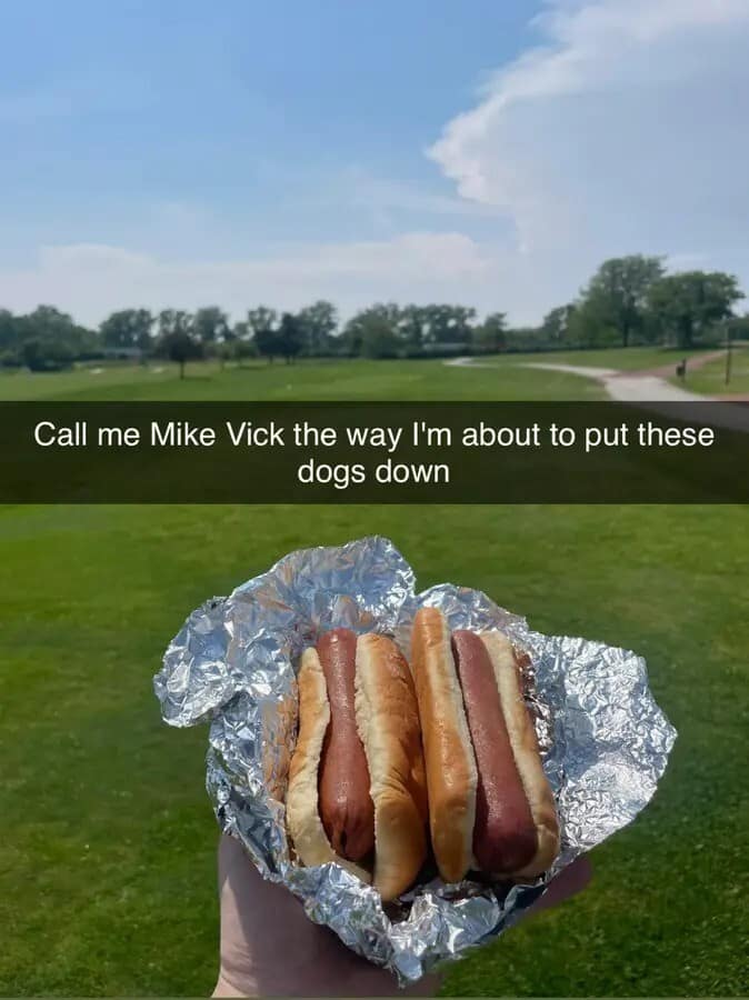 A dark-humor golf course Snapchat photo found in collections of classic memes features two foil-wrapped hot dogs under a provocative text caption referencing Michael Vick to describe eating them quickly.