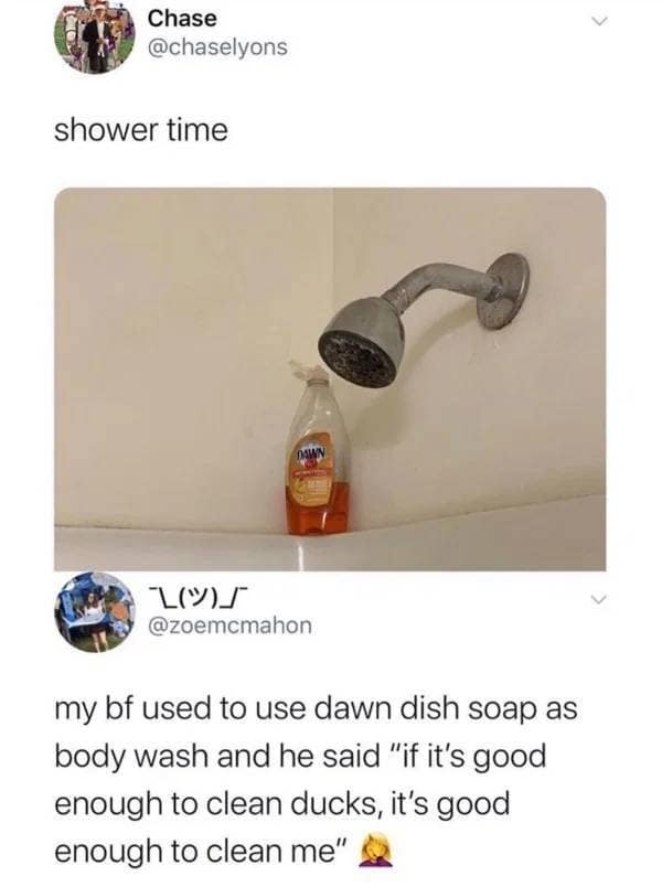 A legendary piece of household engineering found in collections of old memes showcases a bottle of orange Dawn dish soap sitting inside a shower stall, quote-tweeted by a partner explaining that her boyfriend uses it because "if it's good enough to clean ducks, it's good enough to clean me."