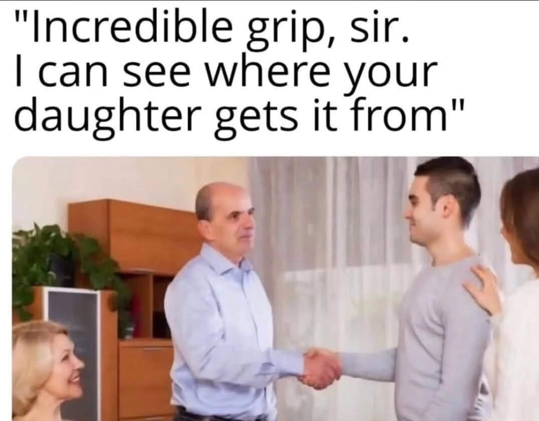 A stock photograph of a young man nervously shaking hands with an older father figure while a mother smiles, paired with a highly suggestive, double-entendre caption about a handgrip in a classic meme.