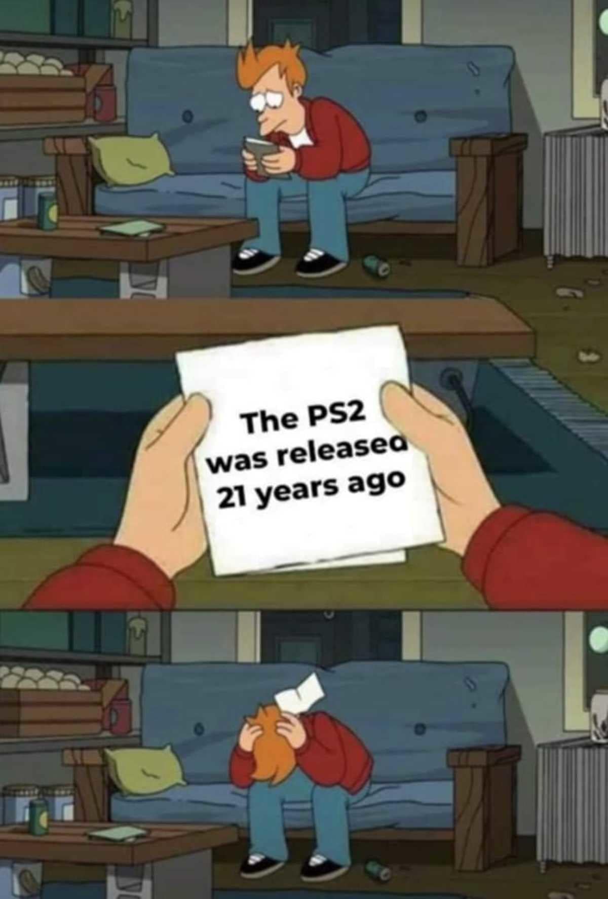 A nostalgic classic meme using the comic panel format of Fry from Futurama reading a piece of paper that says "The PS2 was released 21 years ago," causing him to immediately bury his face in his hands in absolute existential despair over aging.