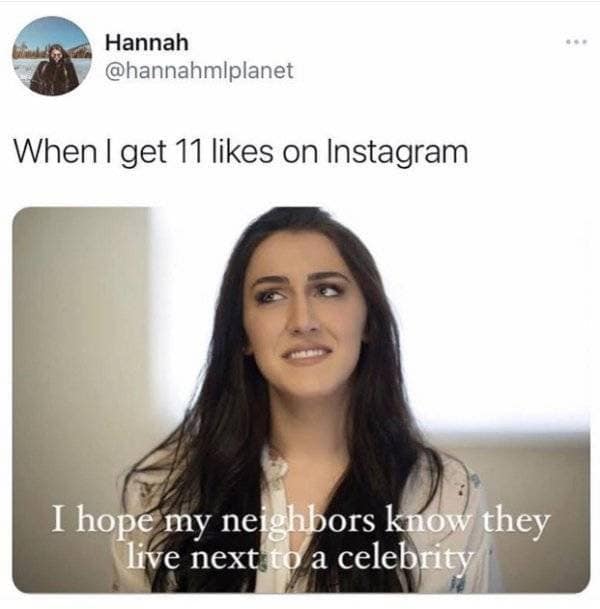 A social media clout graphic included in our old memes vault highlights a post by user Hannah about getting 11 likes on an Instagram upload, paired with a video still subtitled, "I hope my neighbors know they live next to a celebrity."