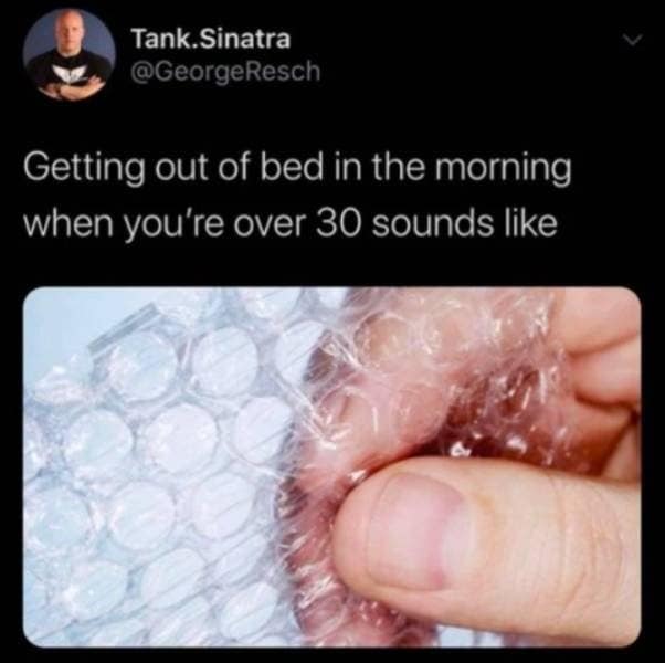A text post screenshot from Tank.Sinatra on X combined with a high-definition close-up image of a thumb pressing down to pop plastic bubble wrap packaging in a viral classic meme about the physical toll of turning thirty.