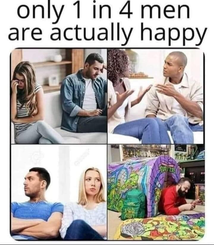 A four-panel relationship image macro functioning as a funny classic meme titled "only 1 in 4 men are actually happy." The first three panels show stock photos of miserable, arguing, or emotionally distant couples on couches, while the triumphant fourth panel reveals a bearded man happily lying down playing video games inside a Teenage Mutant Ninja Turtles play tent.