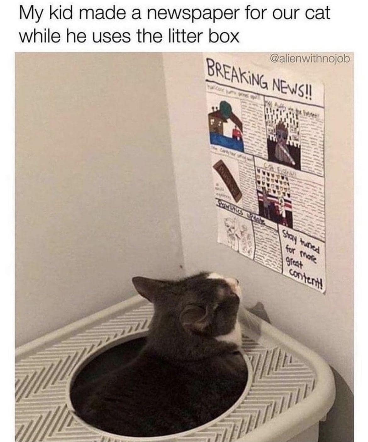 A heartwarming classic meme showing a tuxedo cat sitting inside a top-entry litter box next to a basement wall where a kid has taped a custom, handwritten newspaper titled "BREAKING NEWS!!" to give the cat reading material.
