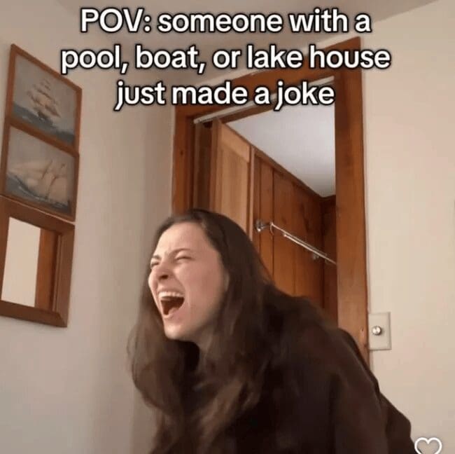 A relatable social-pressure video screenshot serving as one of the best memes shows a young woman forcing an incredibly intense, wide-mouthed fake laugh inside a room under the text, "POV: someone with a pool, boat, or lake house just made a joke."
