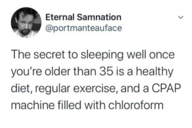 A minimalist text post tweet screenshot from user @portmanteauface offering a dark humor lifestyle tip about middle-aged sleep health, cataloged as a text-based classic meme.