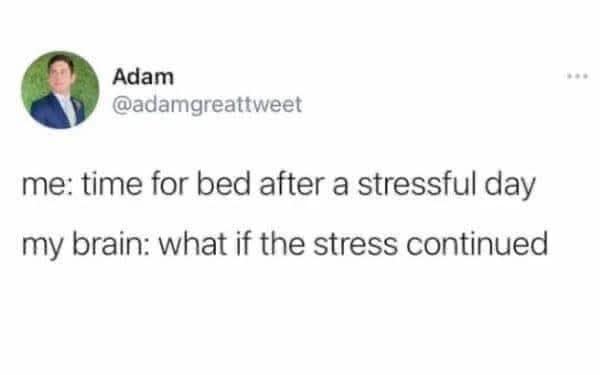 A painfully relatable classic meme tweet says “me: time for bed after a stressful day” and “my brain: what if the stress continued,” turning bedtime into a hostile board meeting run entirely by anxiety.