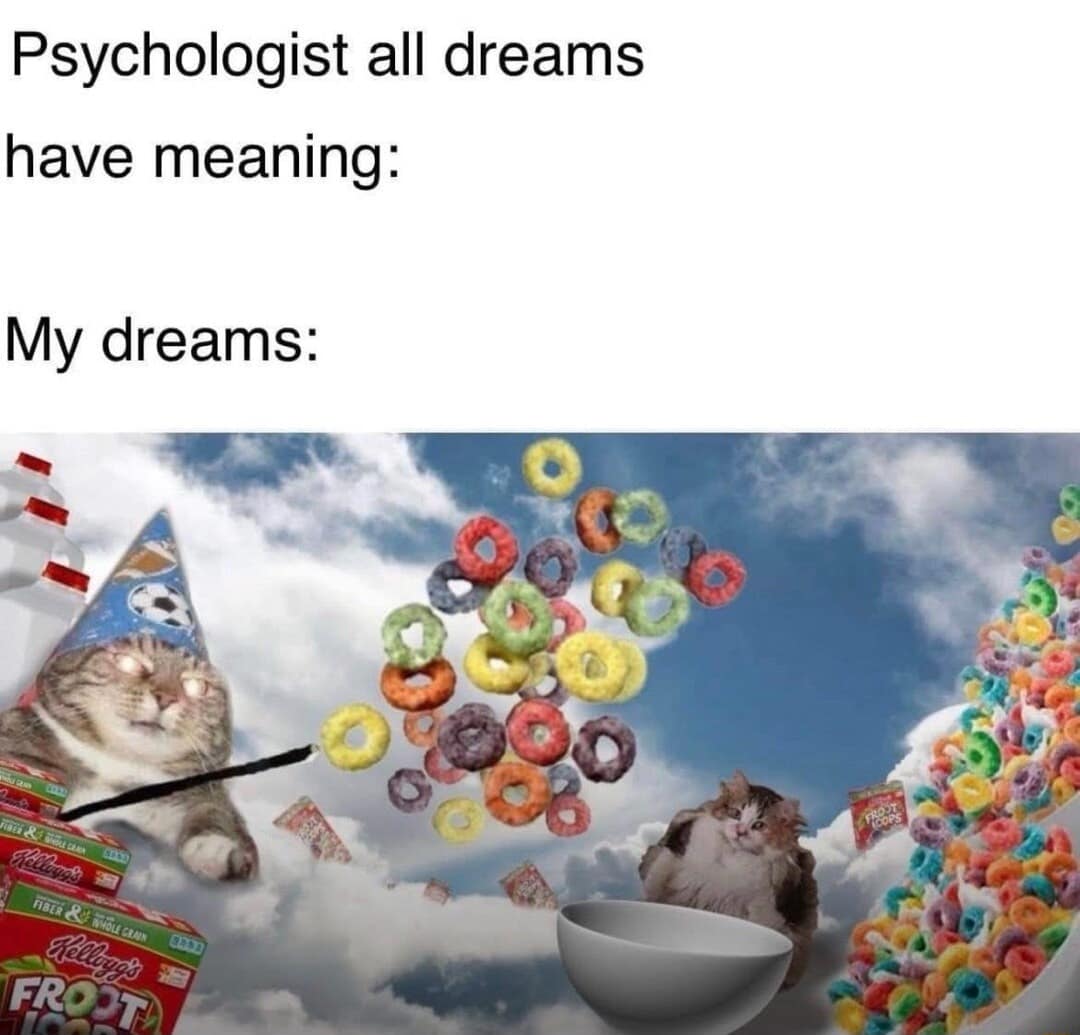 Surreal dream sequence text macro featuring a cat in a party hat using a magic wand to shoot Froot Loops across a cloudy sky into another cat's bowl, mimicking the style of weird old memes.
