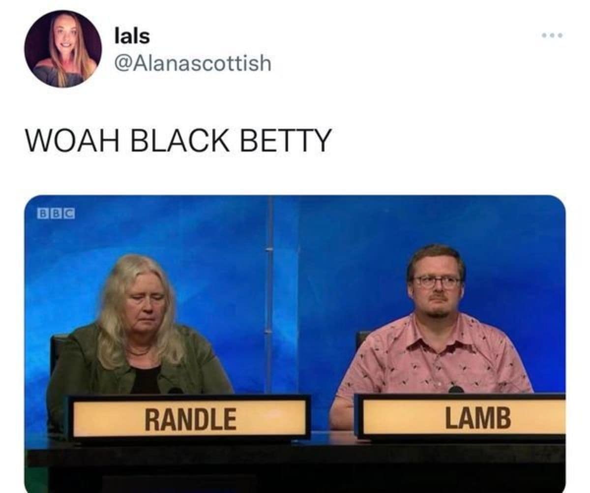 A brilliant wordplay classic meme showing a screenshot of two BBC quiz show contestants whose name placards read "RANDLE" and "LAMB," paired perfectly with a tweet screaming "WOAH BLACK BETTY" to mimic the lyrics of the famous rock song.