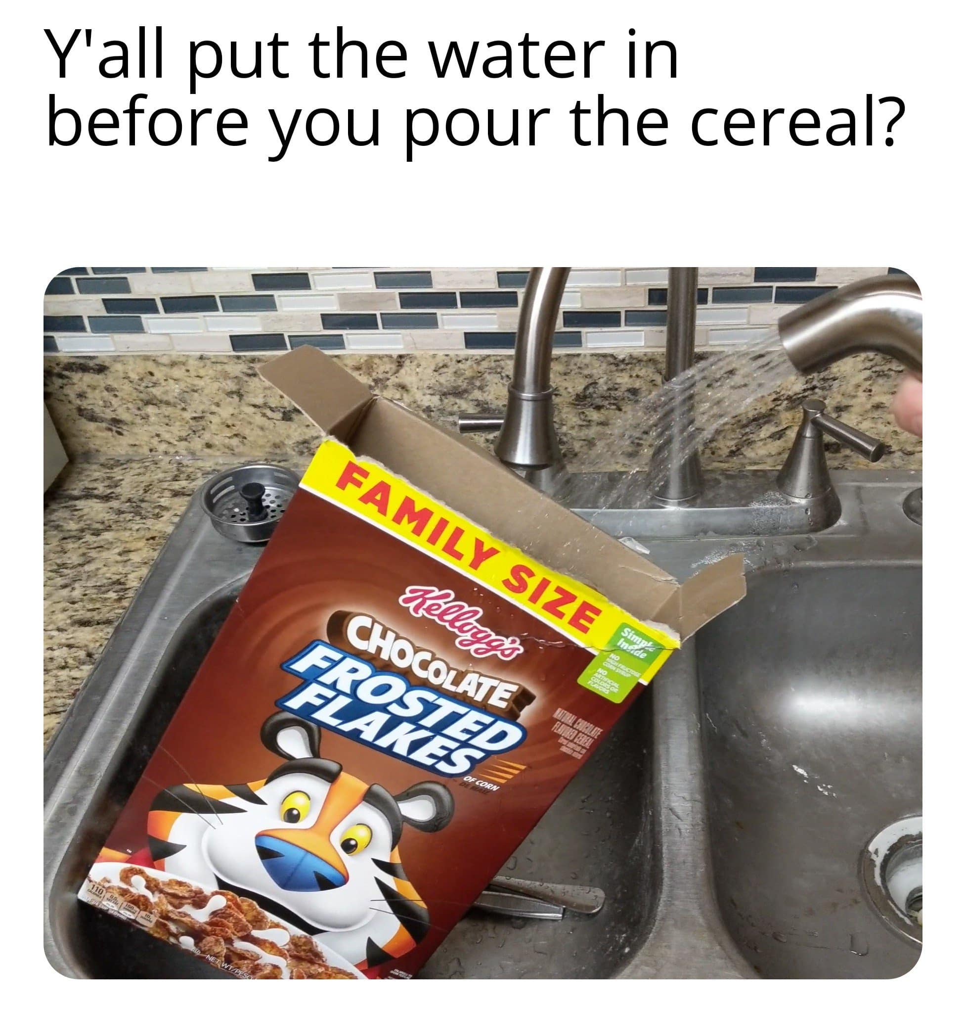 A deeply cursed classic meme image documents a shocking kitchen sink food crime under the text question, "Y'all put the water in before you pour the cereal?". The photo captures a cardboard box of Kellogg’s Chocolate Frosted Flakes sitting inside a metallic basin while running tap water pours directly into the box's open top cardboard lining.