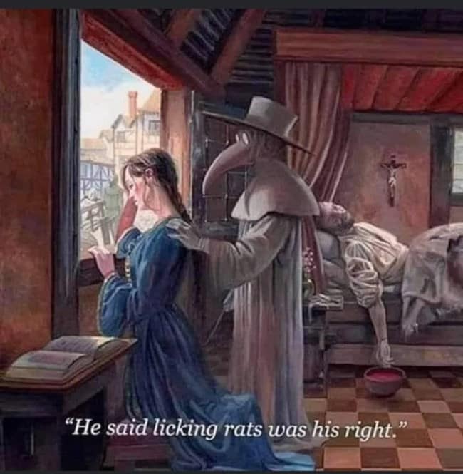 Fine art illustration with movie-style subtitles acting as a classical art meme showing a plague doctor with a beak mask comforting a crying woman next to an infected man lying in a bedroom.