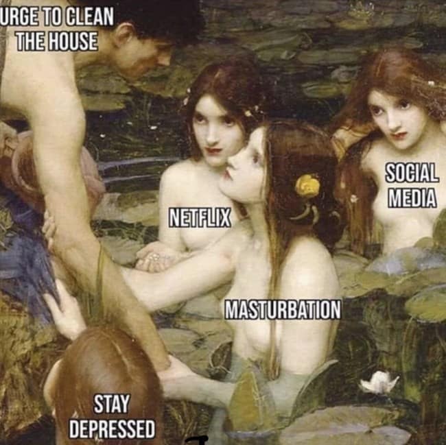 Mythological oil painting of nymphs pulling a man into a pond with behavioral text overlays in a classical art meme.