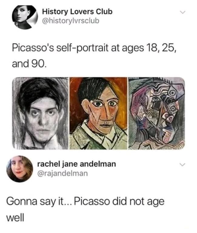 Screenshot of a Twitter thread showcasing three distinct Pablo Picasso self-portraits over a funny aging critique comment.