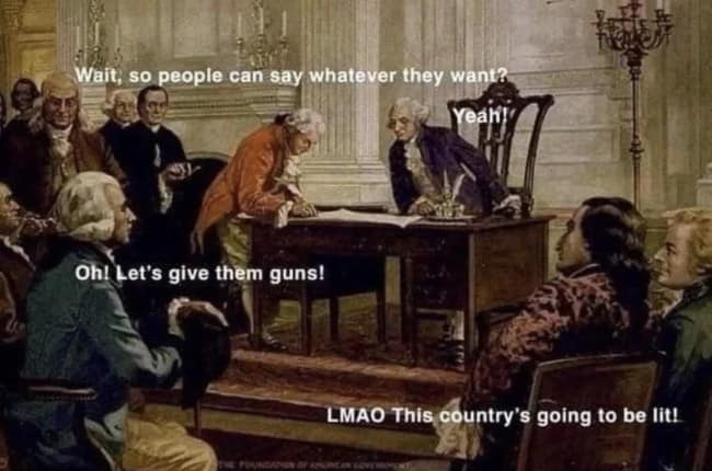 Historical painting of the American founding fathers signing a document with satirical modern dialogue overlays.