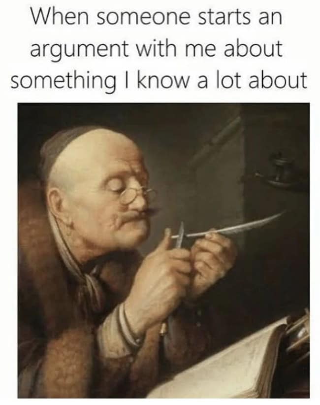 Classical oil painting of a bald scholar meticulously sharpening a quill pen with a knife.